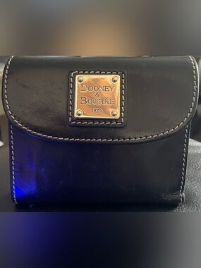 Dooney & Bourke Black Leather Compact Wallet - Gold Plaque